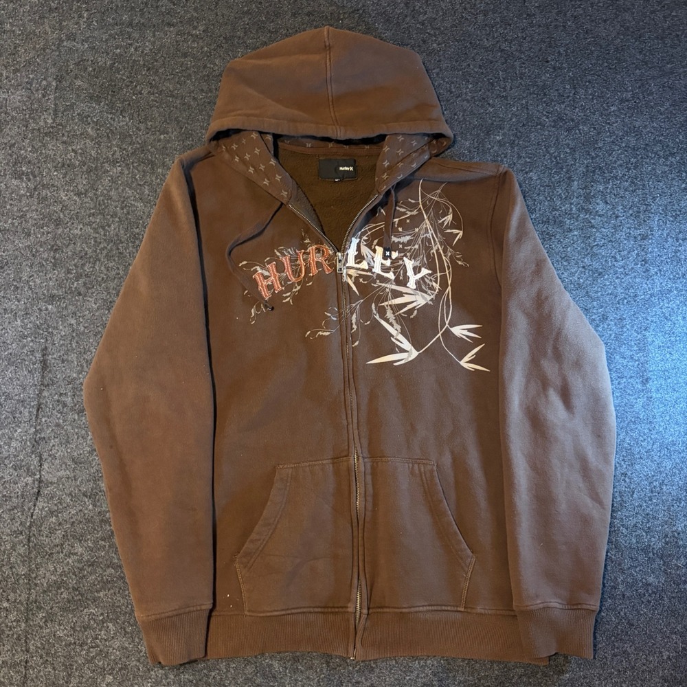 Hurley Mens XL Brown Full Zip Hoodie Graphic Embroidered Bamboo Y2K Skater Surf